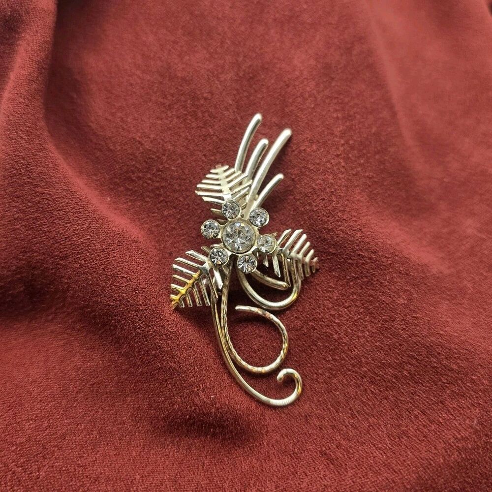 Vintage Rhinestone Silvertone Brooch Snowflake Abstract MCM